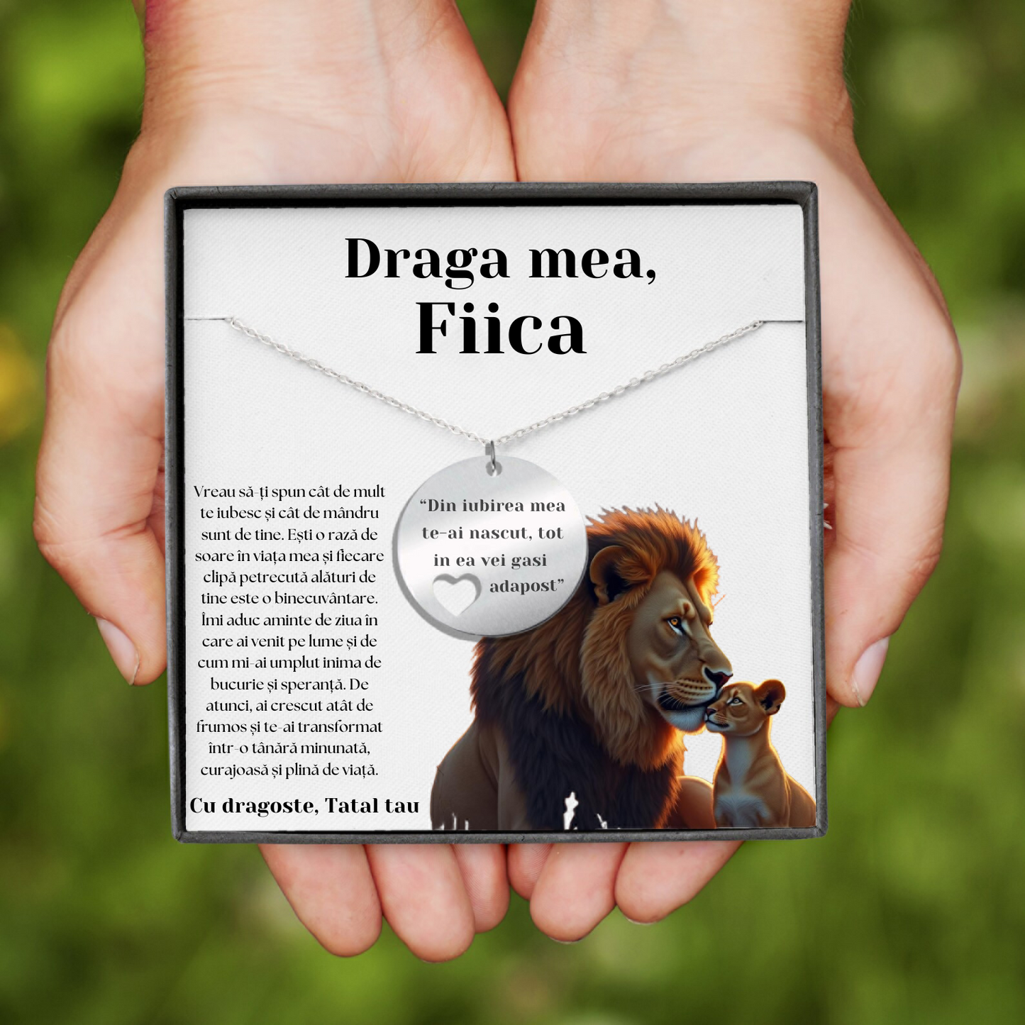 Set Cadou Colier Argint 925, cutiuta personalizata cu felicitare de iubire de la Tata pentru Fiica - "Din iubire te-ai nascut"