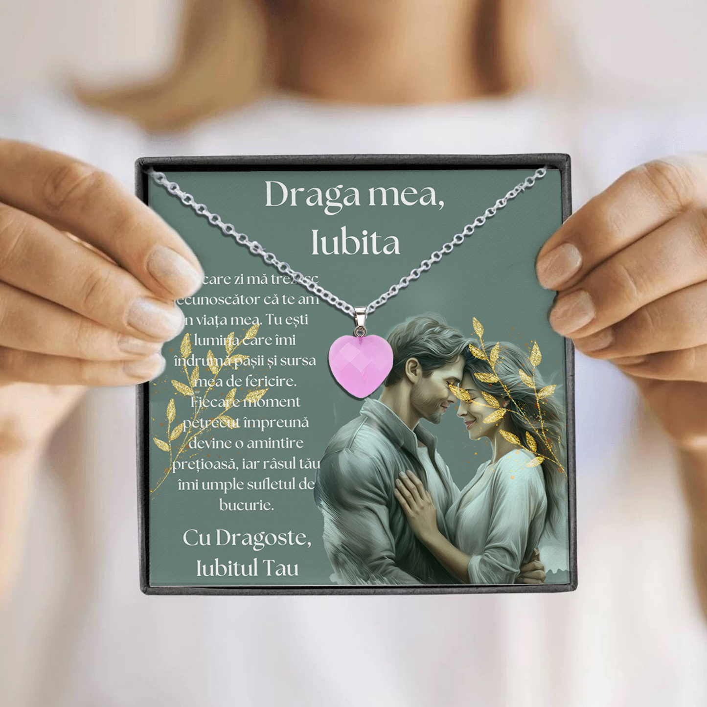 Set Cadou special Colier din otel inoxidabil si pandantiv piatra Quart simbolul iubirii, cutiuta personalizata cu felicitare de iubire de la Iubit pentru Iubita