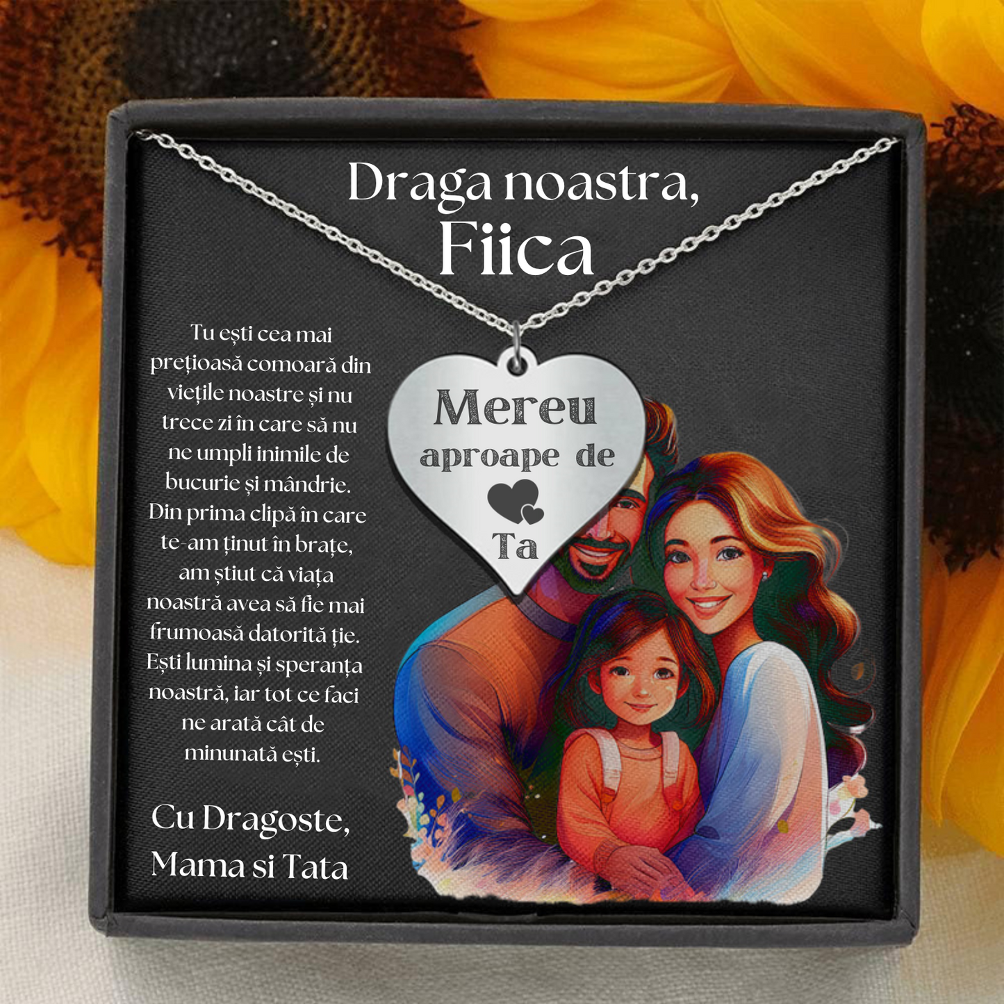 Set Cadou Colier Argint 925, cutiuta personalizata cu felicitare de iubire de la Mama si Tata pentru Fiica - "Mereu aproape de inima ta"