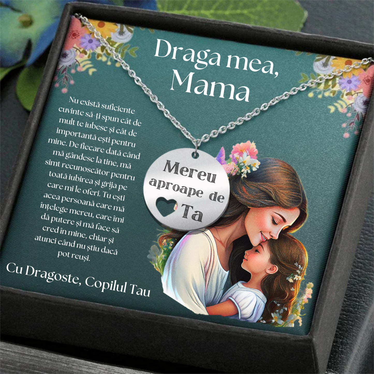 Set Cadou Colier Argint 925, cutiuta personalizata cu felicitare de iubire de la Fiu/Fiica pentru Mama - "Mereu aproape de inima ta"