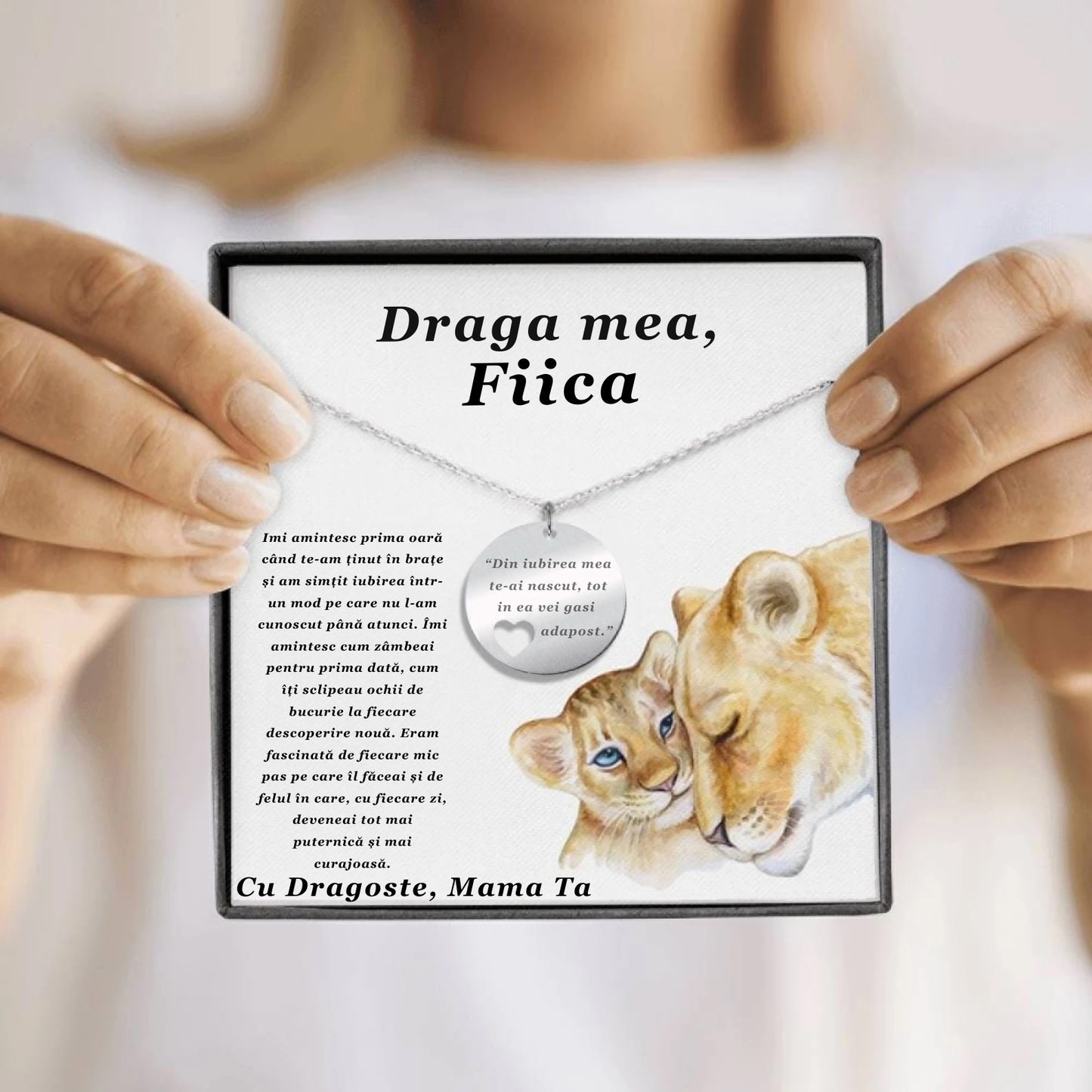 Set Cadou Colier Argint 925, cutiuta personalizata cu felicitare de iubire de la Mama pentru Fiica - "Din iubire te-ai nascut""