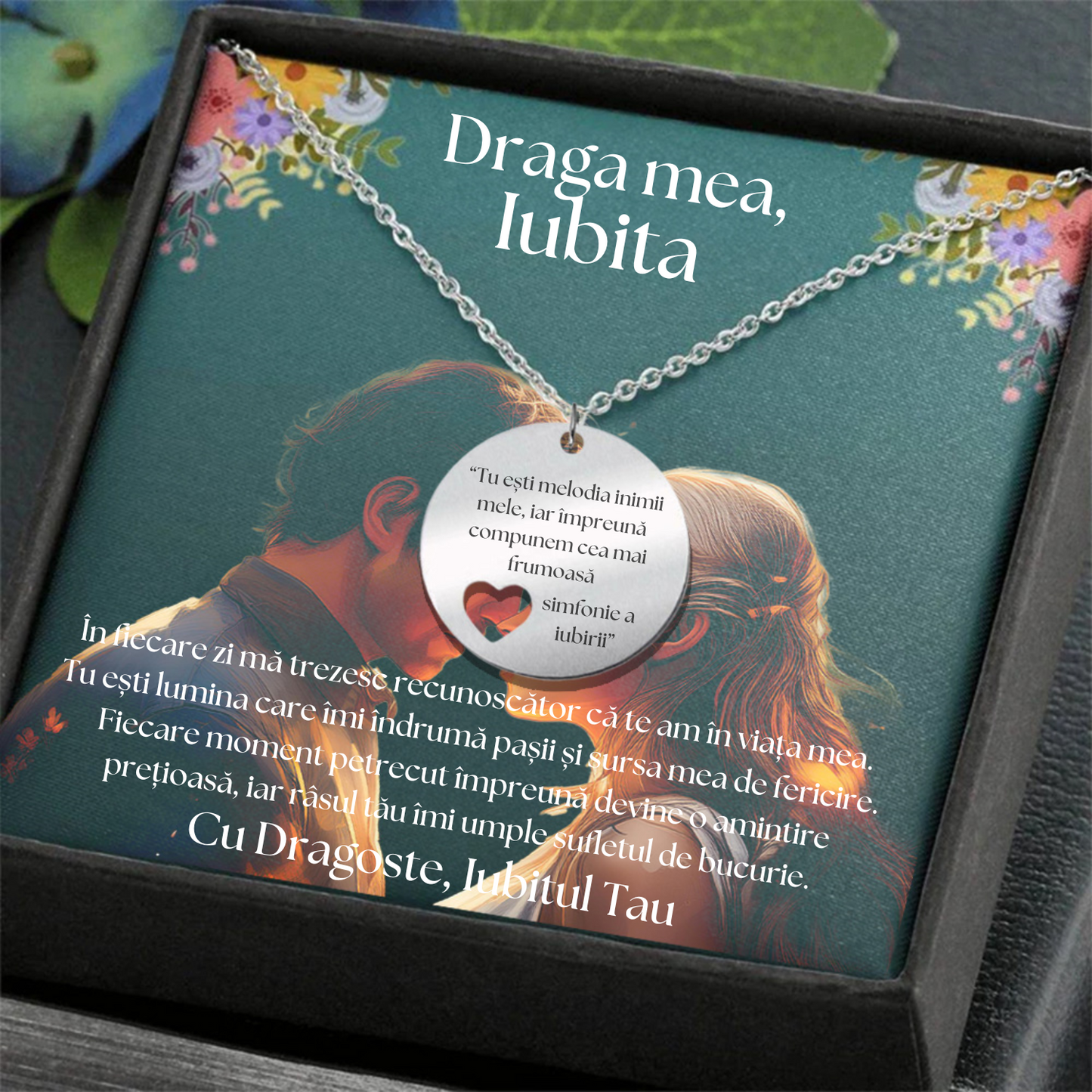 Set Cadou Colier Argint 925, cutiuta personalizata cu felicitare de iubire de la Iubit pentru Iubita "Tu esti melodia inimii mele""