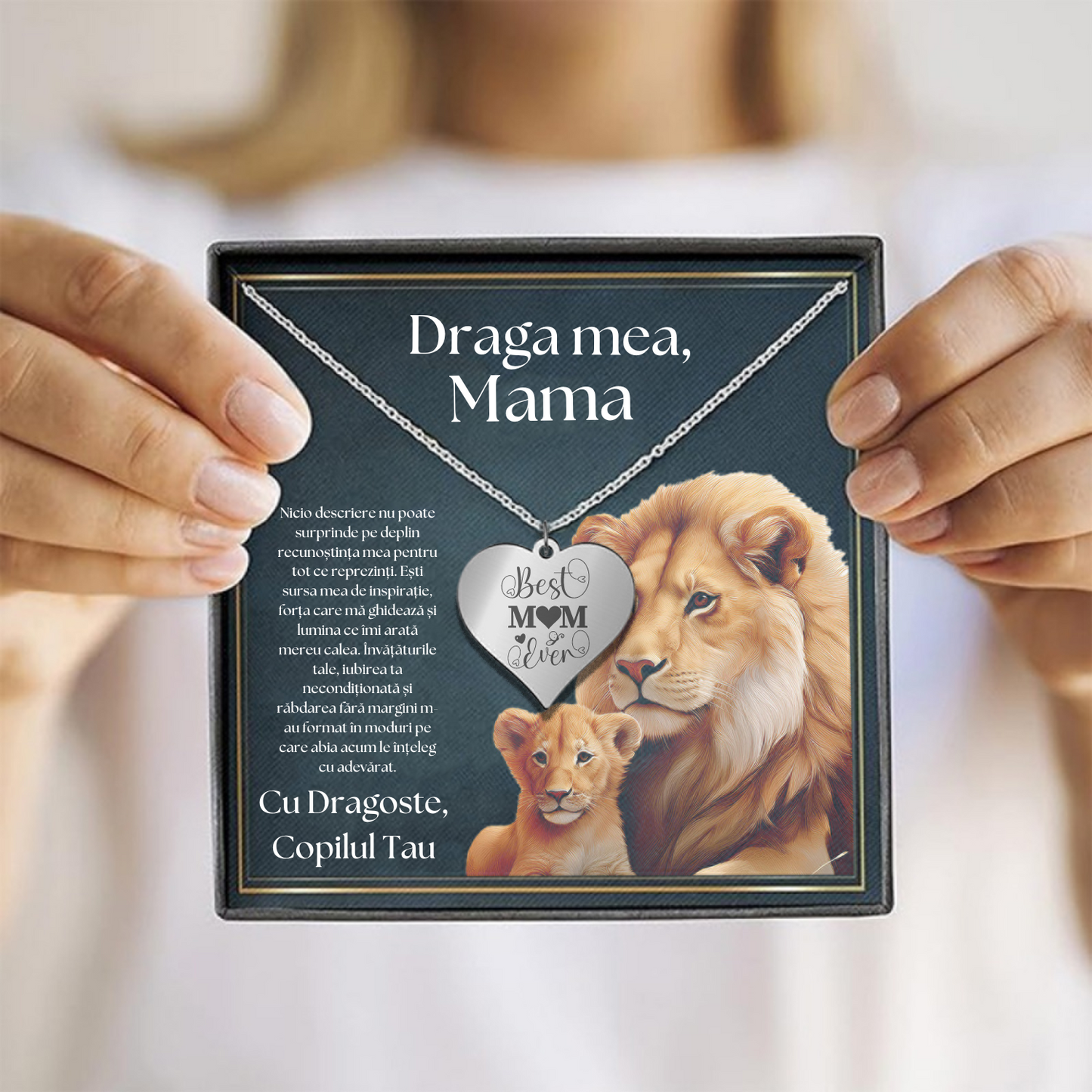 Set Cadou Colier Argint 925, cutiuta personalizata cu felicitare de iubire de la Fiu/Fiica pentru Mama - "Best Mom Ever"
