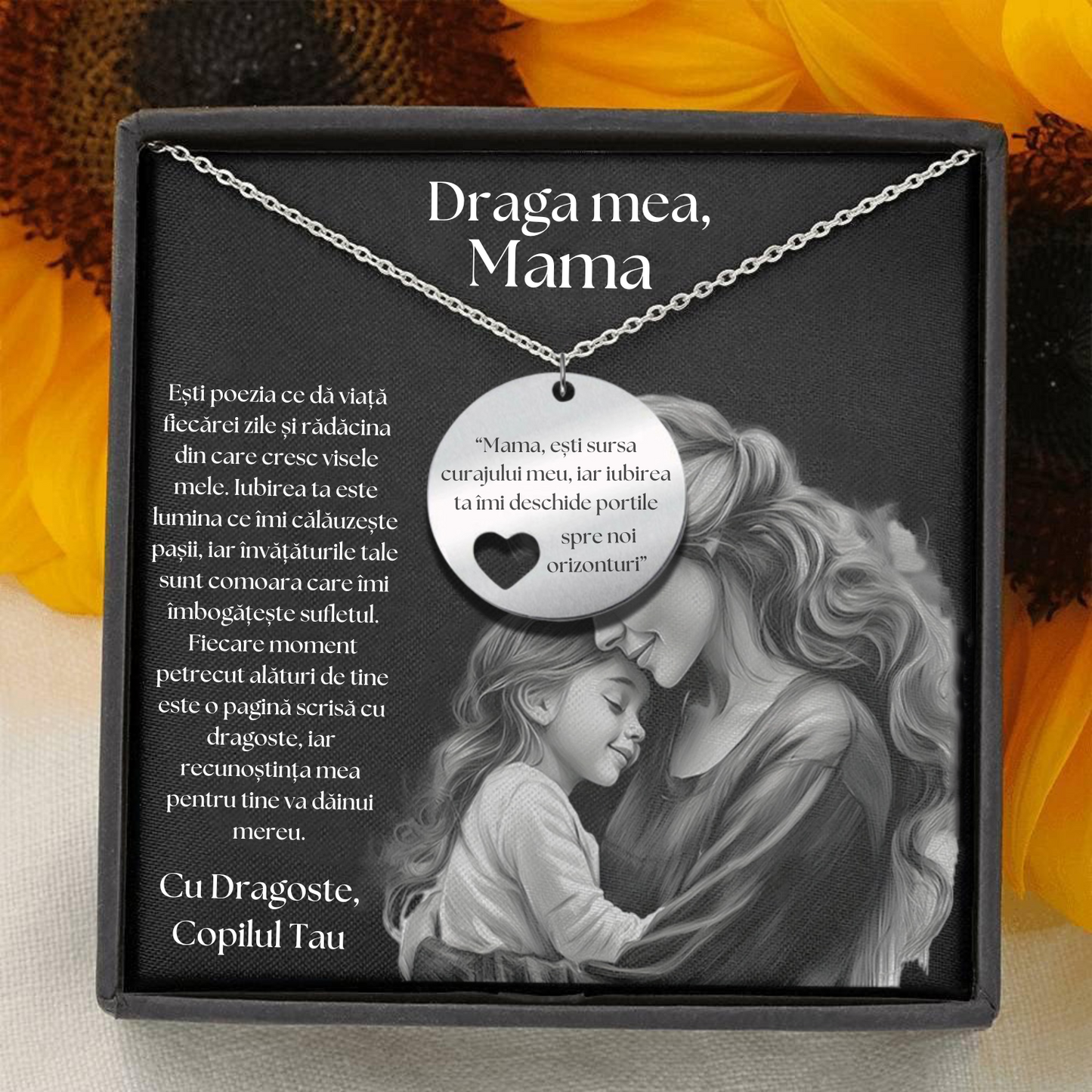 Set Cadou Colier Argint 925, cutiuta personalizata cu felicitare de iubire de la Fiu/Fiica pentru Mama - "Esti sursa curajului meu"