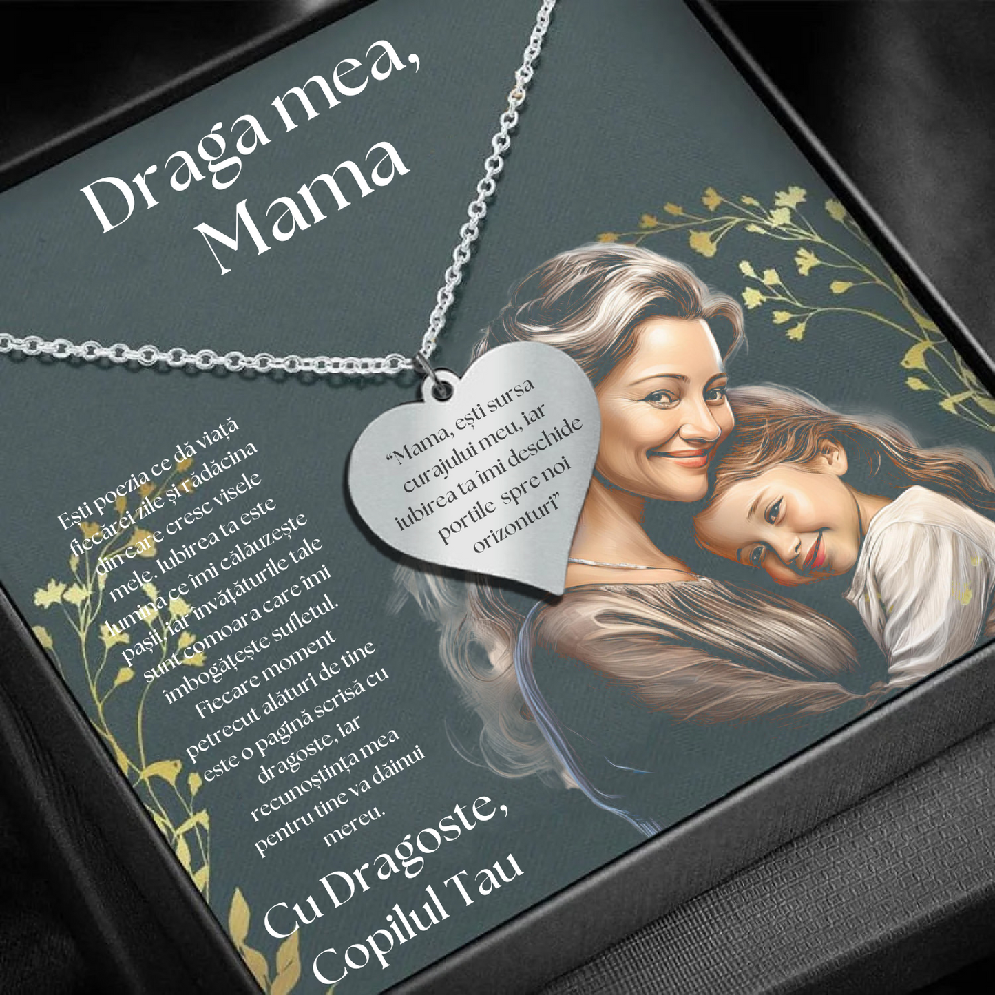 Set Cadou Colier Argint 925, cutiuta personalizata cu felicitare de iubire de la Fiu/Fiica pentru Mama - "Esti sursa curajului meu"