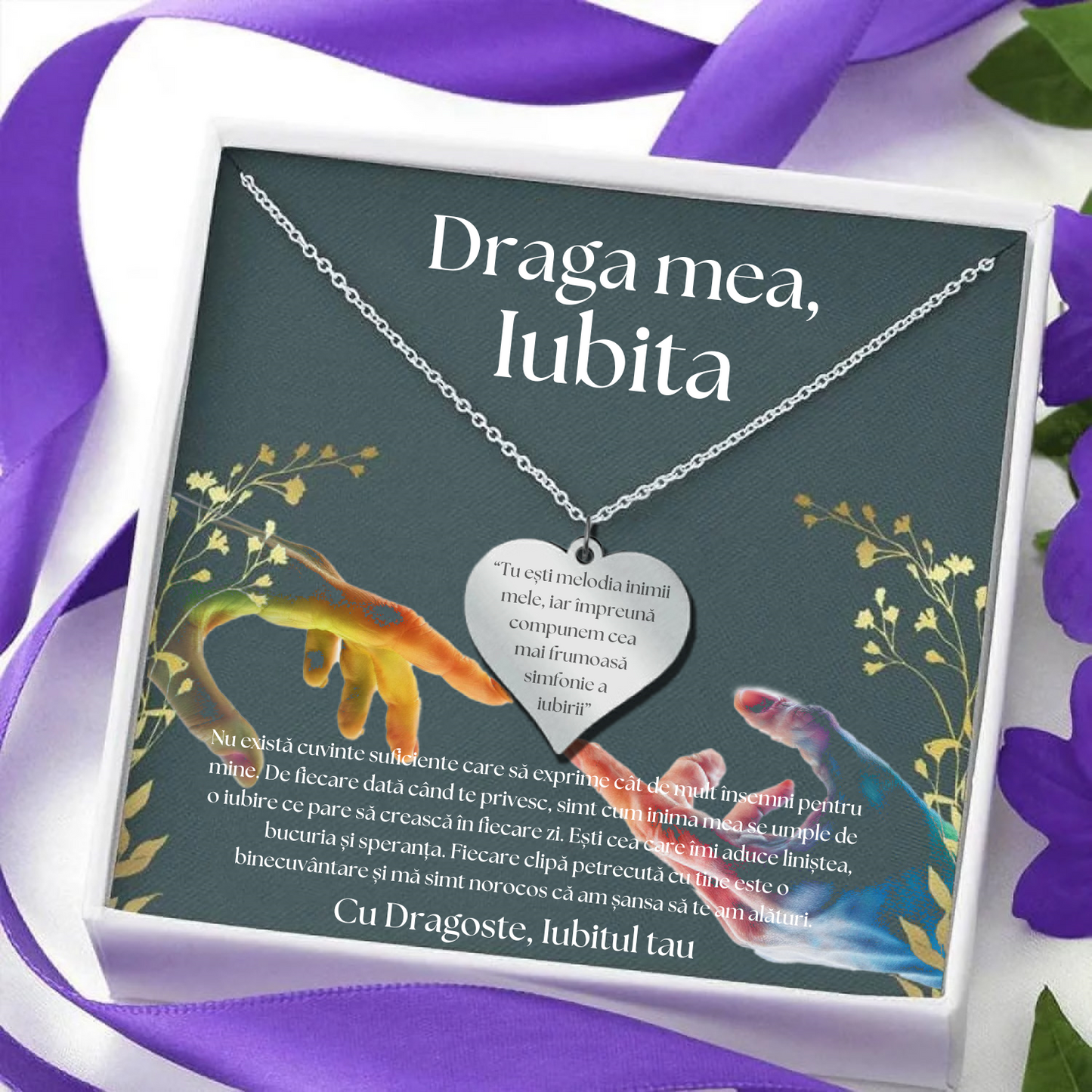 Set Cadou Colier Argint 925, cutiuta personalizata cu felicitare de iubire de la Iubit pentru Iubita "Tu esti melodia inimii mele"