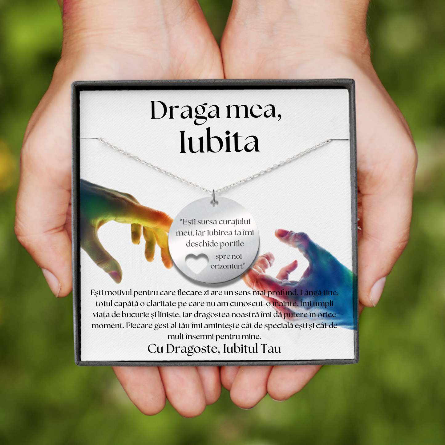 Set Cadou Colier Argint 925, cutiuta personalizata cu felicitare de iubire de la Iubit pentru Iubita "Esti sursa curajului meu"