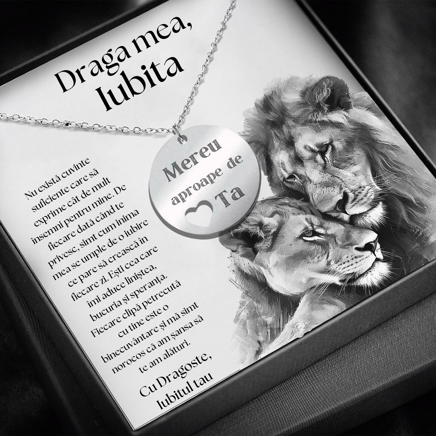 Set Cadou Colier Argint 925, cutiuta personalizata cu felicitare de iubire de la Iubit pentru Iubita "Mereu aproape de inima ta"