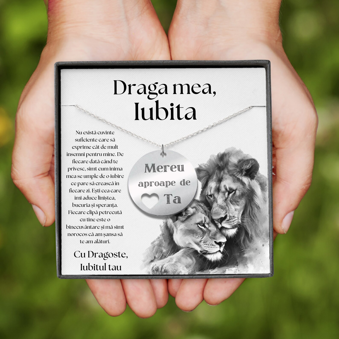 Set Cadou Colier Argint 925, cutiuta personalizata cu felicitare de iubire de la Iubit pentru Iubita "Mereu aproape de inima ta"