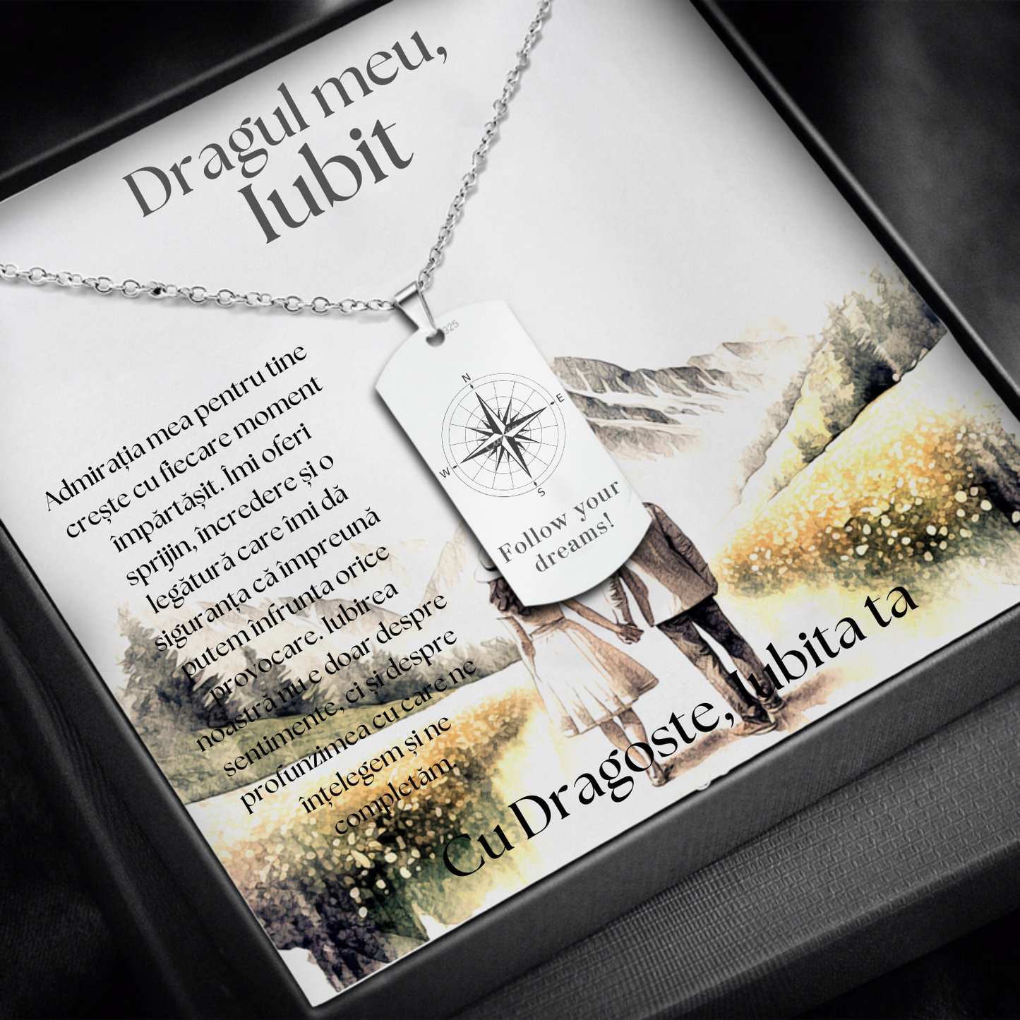 Set Cadou Colier Argint 925, cutiuta personalizata cu felicitare de iubire de la Iubita pentru Iubit - "Follow your dreams"