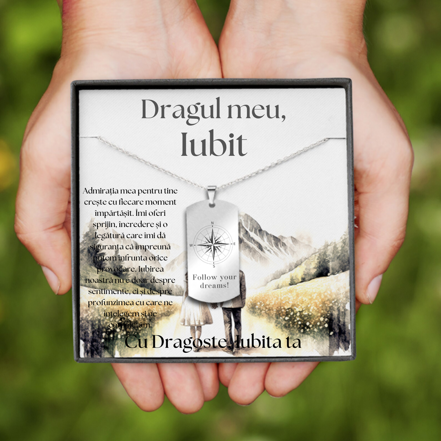 Set Cadou Colier Argint 925, cutiuta personalizata cu felicitare de iubire de la Iubita pentru Iubit - "Follow your dreams"