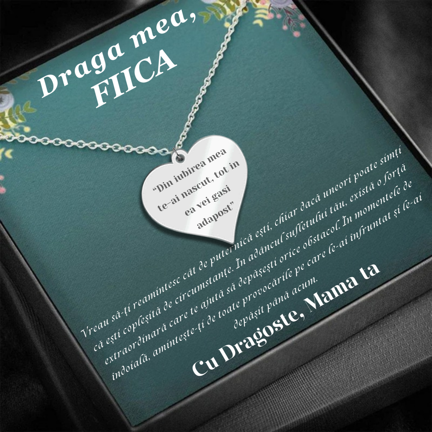 Set Cadou Colier Argint 925, cutiuta personalizata cu felicitare de iubire de la Mama pentru Fiica - "Din iubire te-ai nascut"