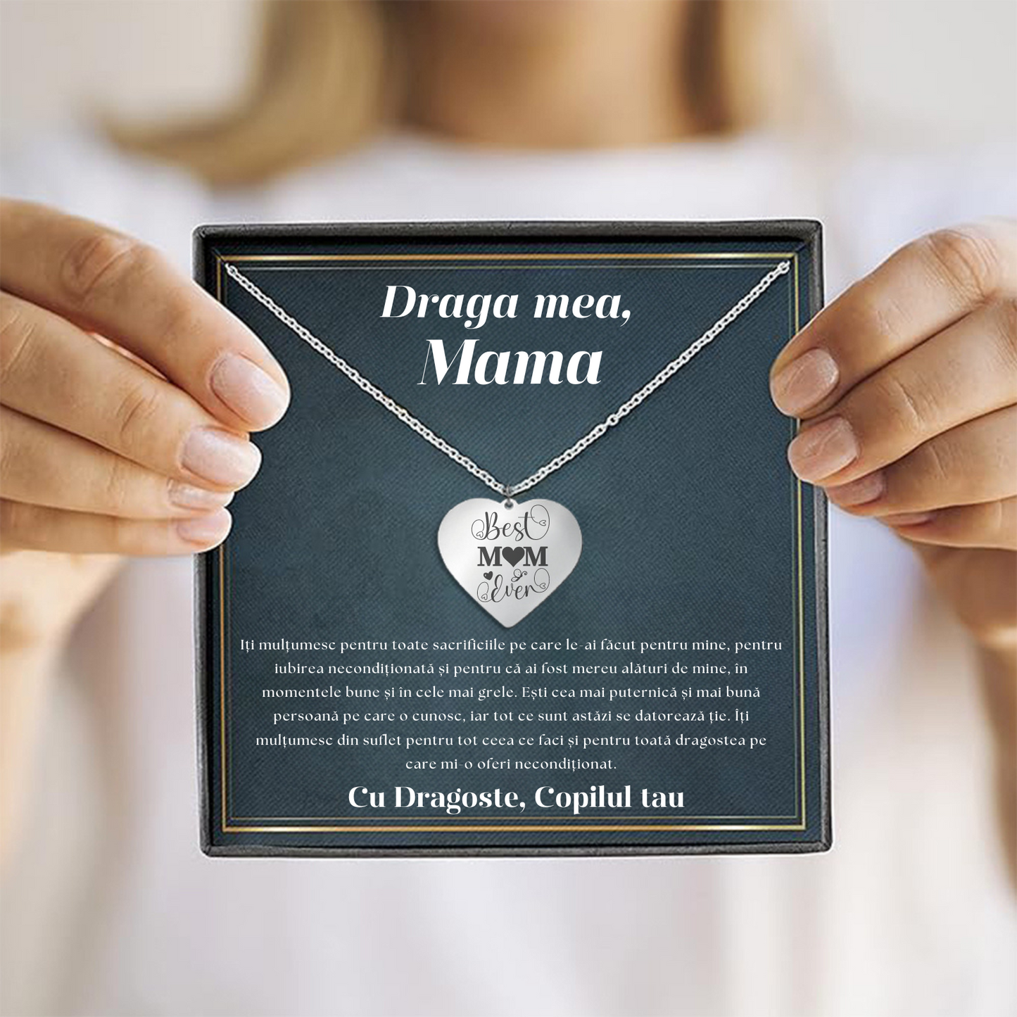 Set Cadou Colier din argint personalizabil cu felicitare si cutie de dragoste de la Copil pentru Mama "Best Mom Ever"
