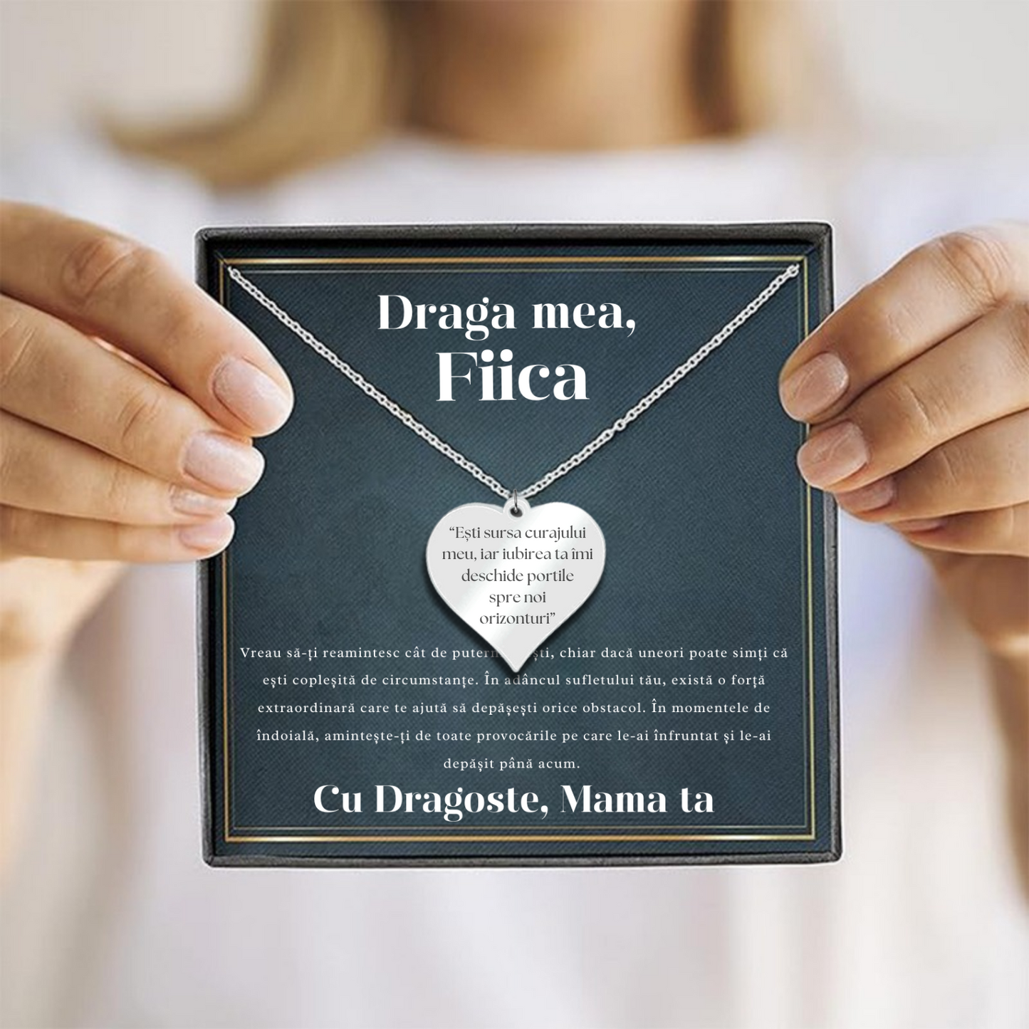 Set Cadou Colier din argint personalizabil cu felicitare si cutie de dragoste de la Mama pentru Fiica "Esti sursa curajului meu"