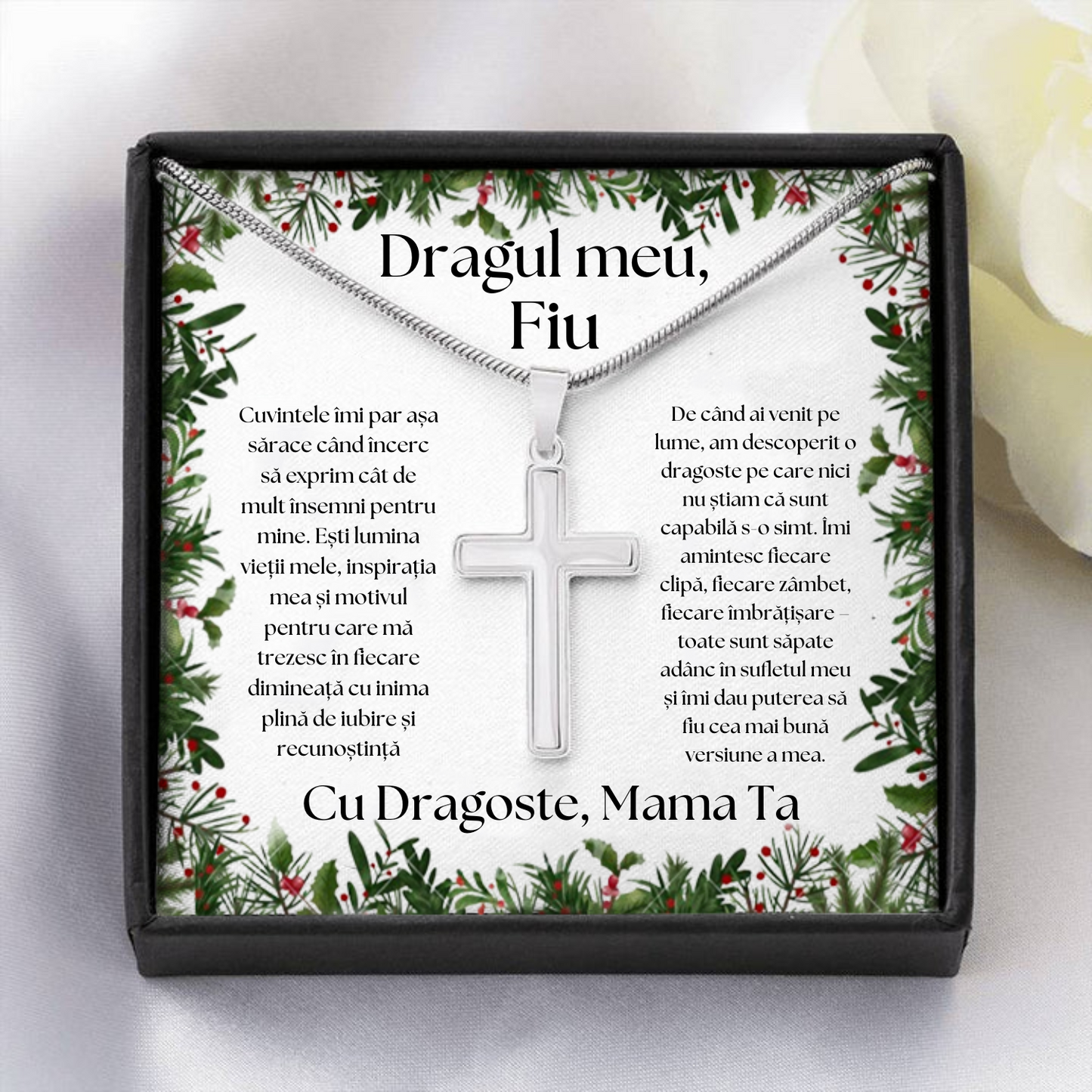 Set Cadou colier cruciulita din otel inoxidabil special de Craciun cu mesaj de iubire și cutie gravata de la Mama pentru Fiu