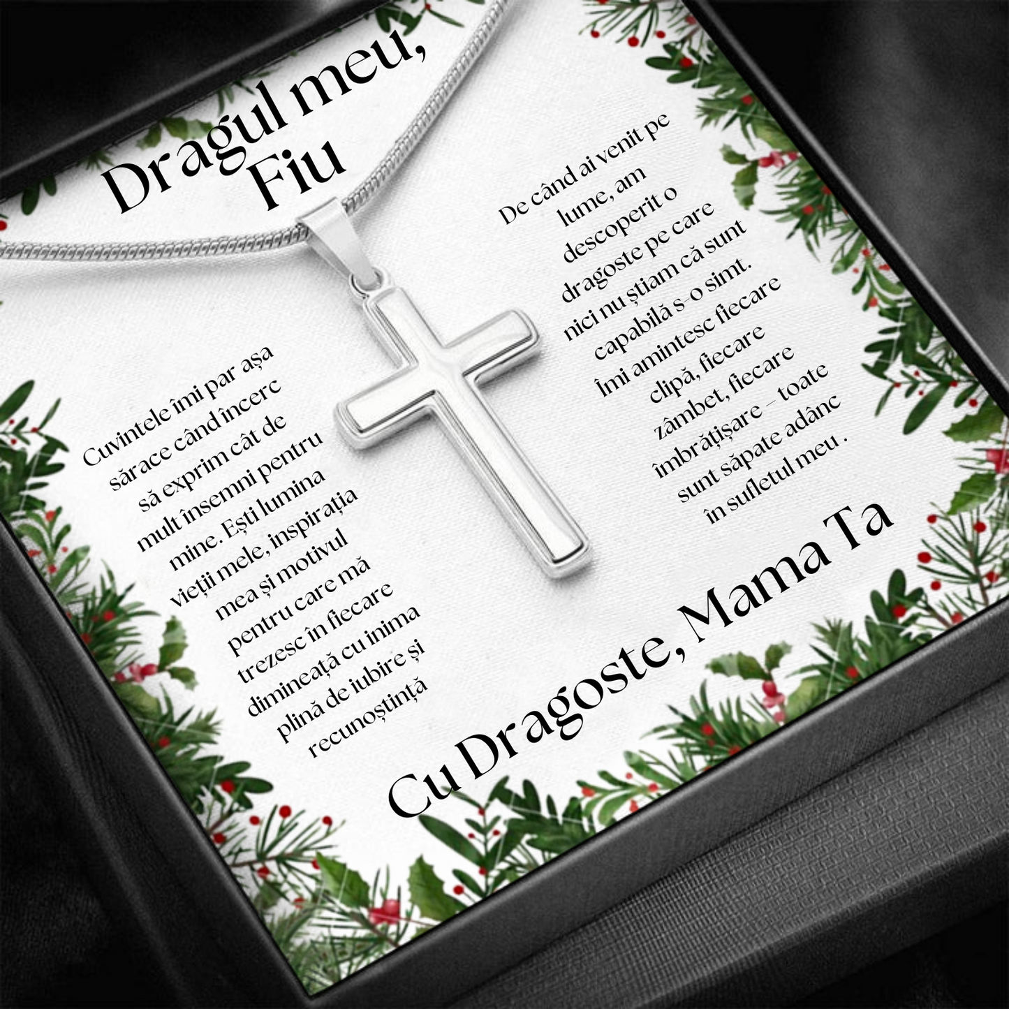 Set Cadou colier cruciulita din otel inoxidabil special de Craciun cu mesaj de iubire și cutie gravata de la Mama pentru Fiu