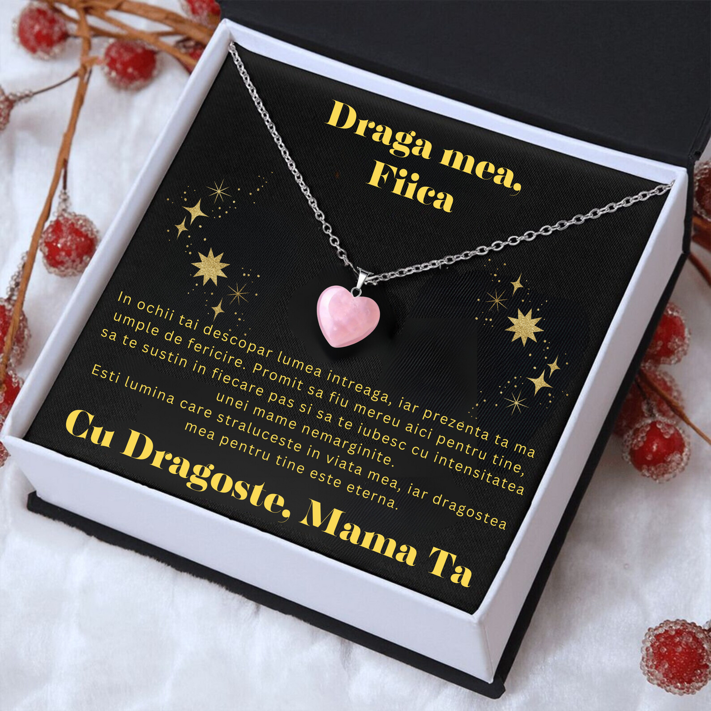 Set Cadou Colier din Argint 925 si Piatra Quart simbolul iubirii, cutie deosebita cu print de dragoste si felicitare cu mesaj de iubire de la Mama pentru Fiica