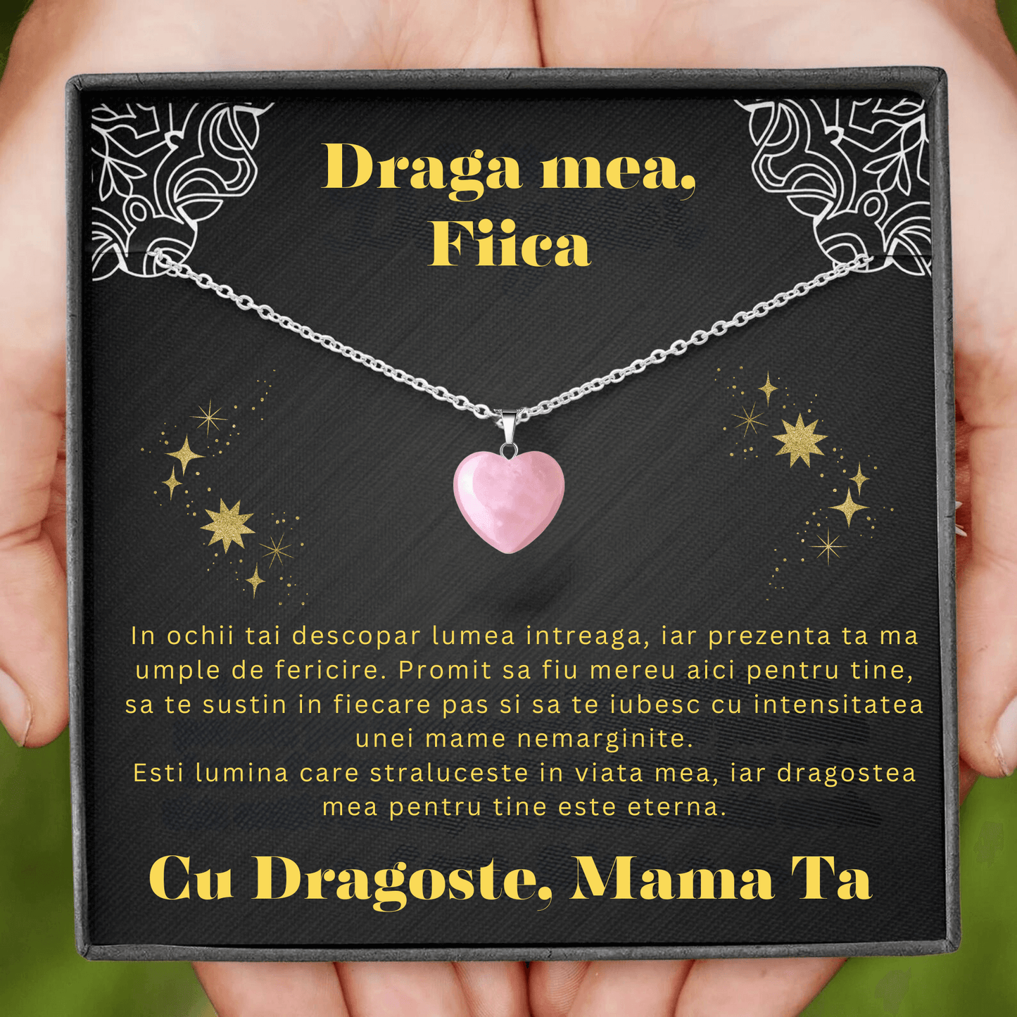 Set Cadou Colier din Argint 925 si Piatra Quart simbolul iubirii, cutie deosebita cu print de dragoste si felicitare cu mesaj de iubire de la Mama pentru Fiica