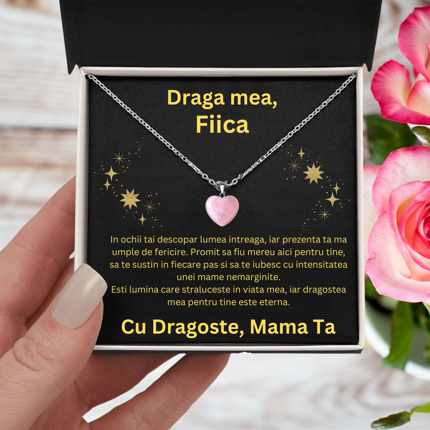Set Cadou Colier din Argint 925 si Piatra Quart simbolul iubirii, cutie deosebita cu print de dragoste si felicitare cu mesaj de iubire de la Mama pentru Fiica