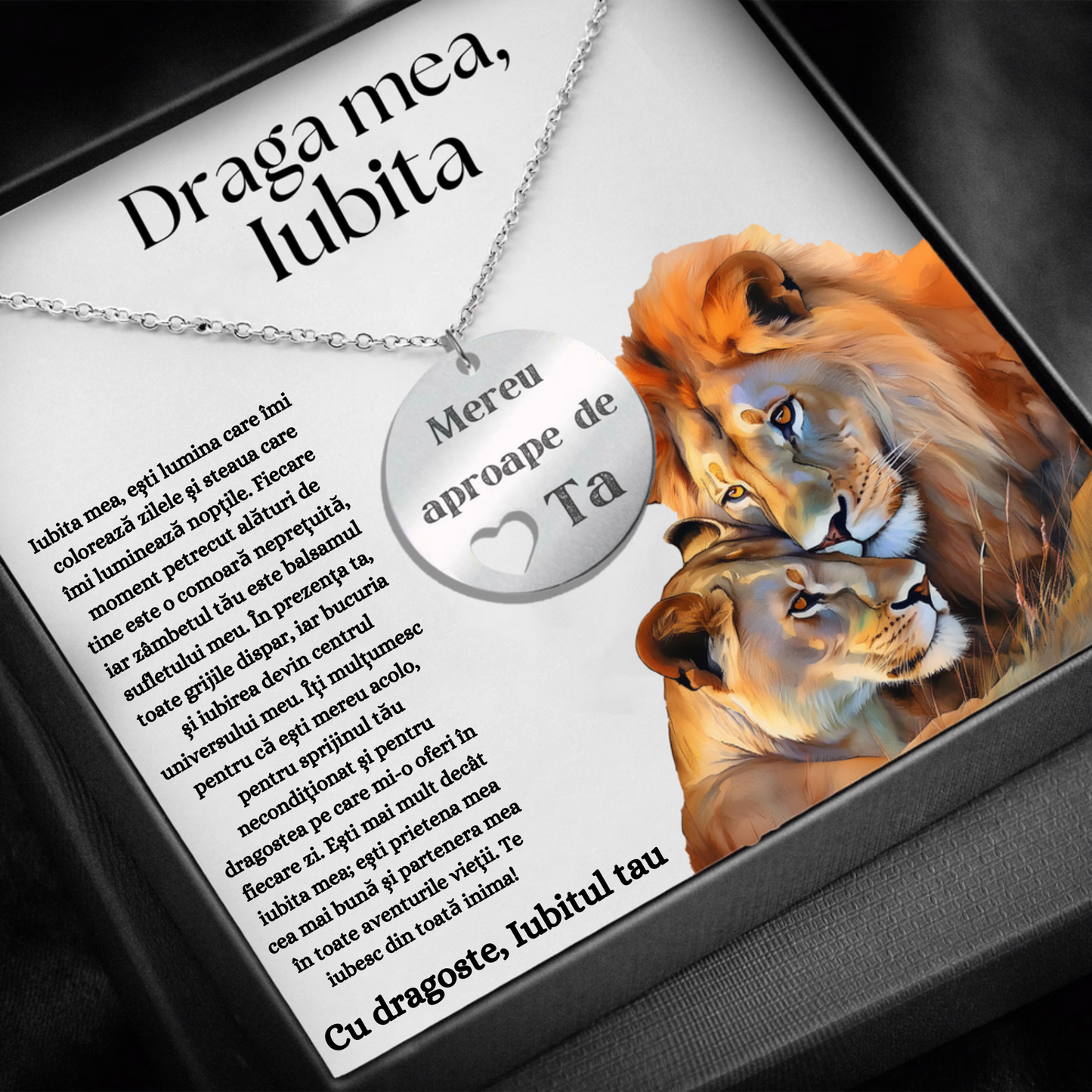 Set Cadou Colier Argint 925, cutiuta personalizata cu felicitare de iubire de la Iubit pentru Iubita "Mereu aproape de inima ta"
