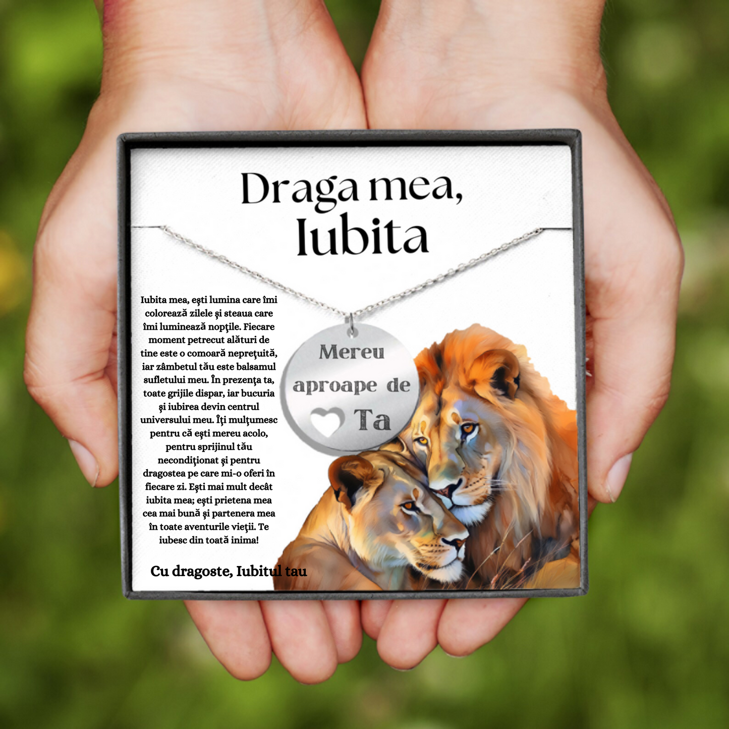Set Cadou Colier Argint 925, cutiuta personalizata cu felicitare de iubire de la Iubit pentru Iubita "Mereu aproape de inima ta"