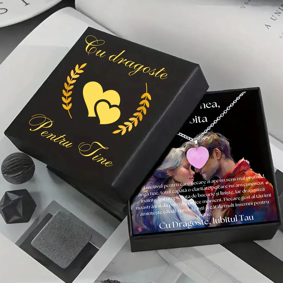 Set Cadou special Colier din otel inoxidabil si pandantiv piatra Quart simbolul iubirii, cutiuta personalizata cu felicitare de iubire de la Iubit pentru Iubita