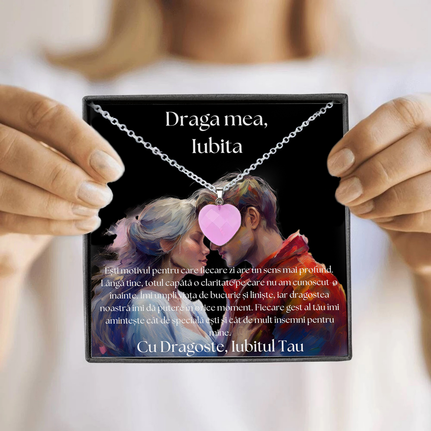 Set Cadou special Colier din otel inoxidabil si pandantiv piatra Quart simbolul iubirii, cutiuta personalizata cu felicitare de iubire de la Iubit pentru Iubita