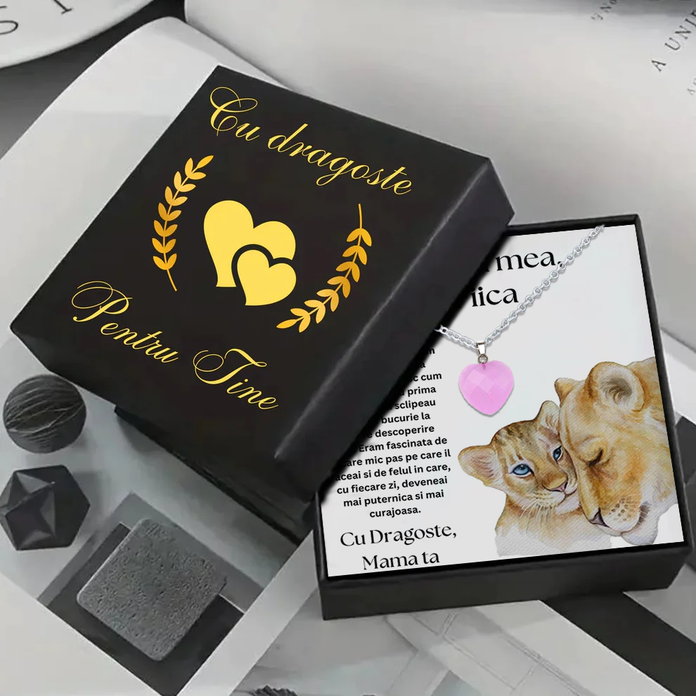 Set Cadou special Colier din otel inoxidabil si pandantiv piatra Quart simbolul iubirii, cutiuta personalizata cu felicitare de iubire de la Mama pentru Fiica