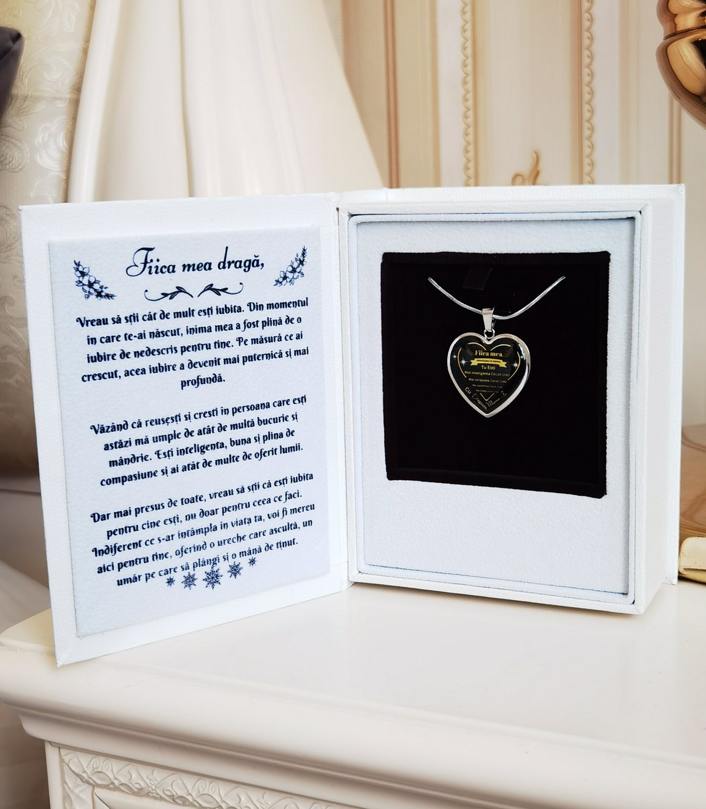Set Cadou Colier cu text motivational si cutie deosebita in forma de carte cu mesaj emotionant in interior de la Mama pentru Fiica