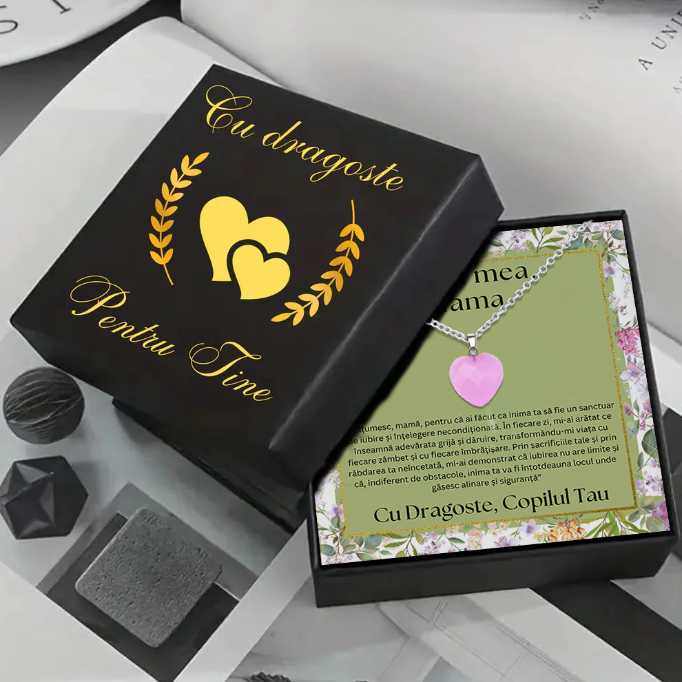 Set Cadou special Colier din otel inoxidabil si pandantiv piatra Quart simbolul iubirii, cutiuta personalizata cu felicitare de iubire de la Fiu/Fiica pentru Mama
