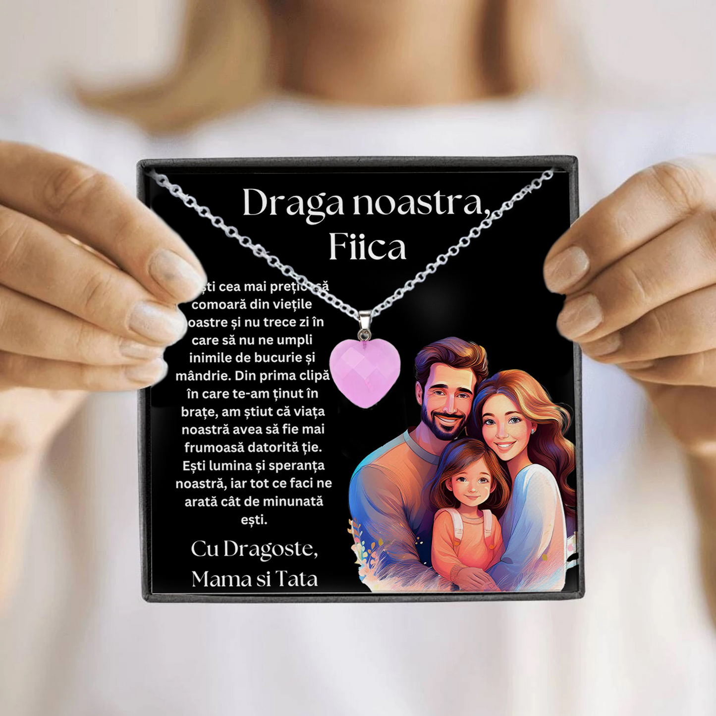 Set Cadou special Colier din otel inoxidabil si pandantiv piatra Quart simbolul iubirii, cutiuta personalizata cu felicitare de iubire de la Mama si Tata pentru Fiica