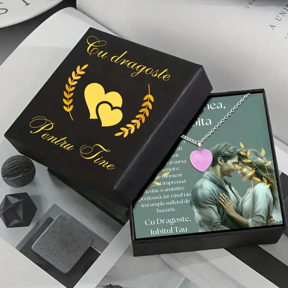 Set Cadou special Colier din otel inoxidabil si pandantiv piatra Quart simbolul iubirii, cutiuta personalizata cu felicitare de iubire de la Iubit pentru Iubita