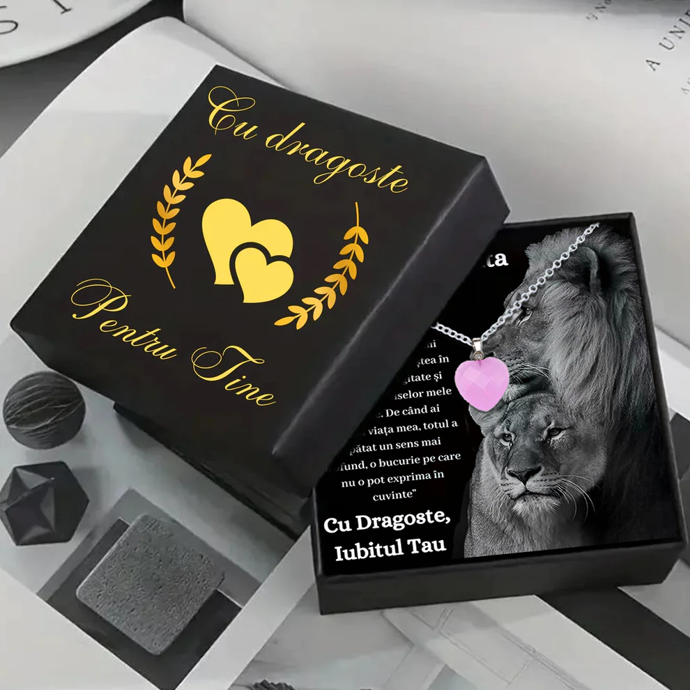 Set Cadou special Colier din otel inoxidabil si pandantiv piatra Quart simbolul iubirii, cutiuta personalizata cu felicitare de iubire de la Iubit pentru Iubita