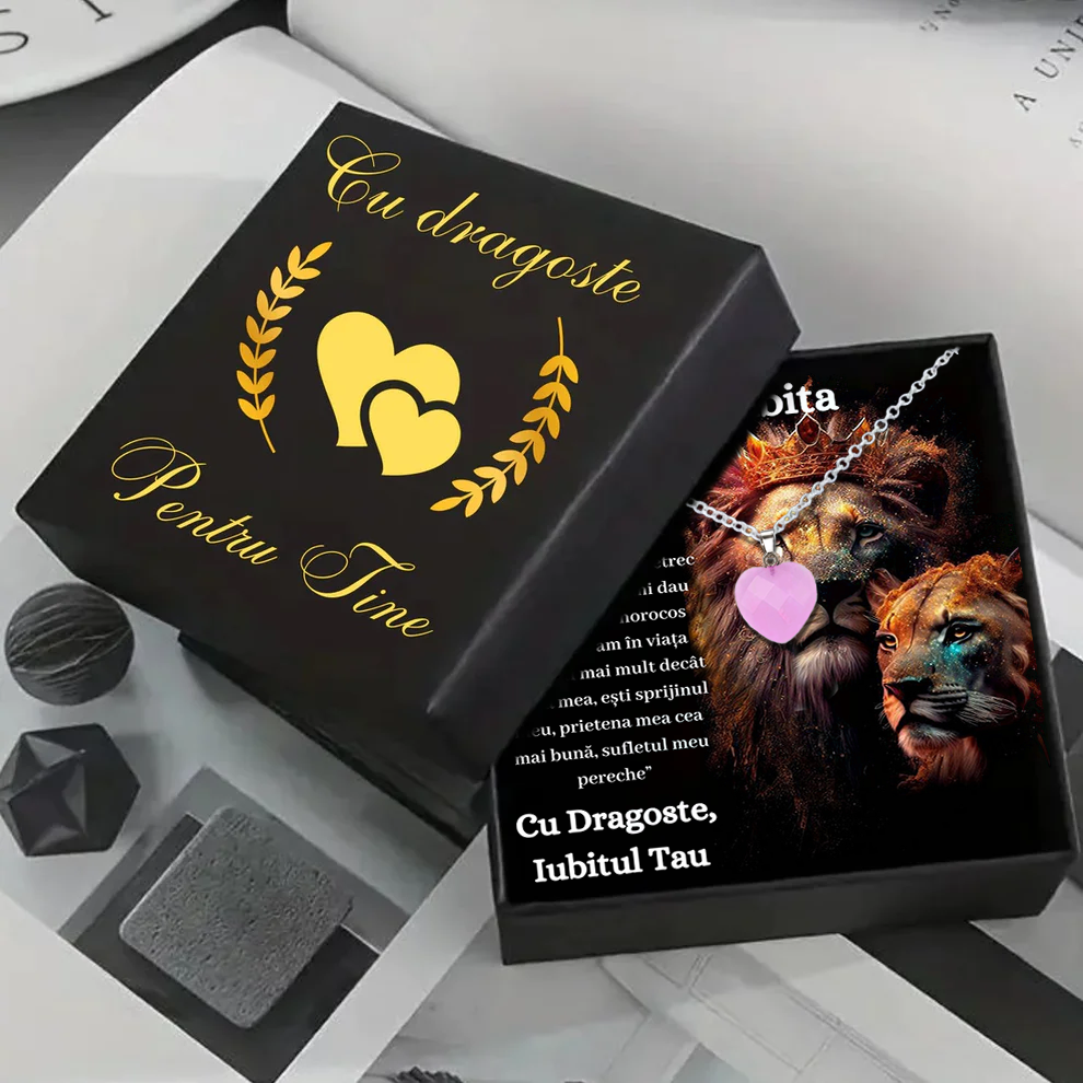 Set Cadou special Colier din otel inoxidabil si pandantiv piatra Quart simbolul iubirii, cutiuta personalizata cu felicitare de iubire de la Iubit pentru Iubita Lion
