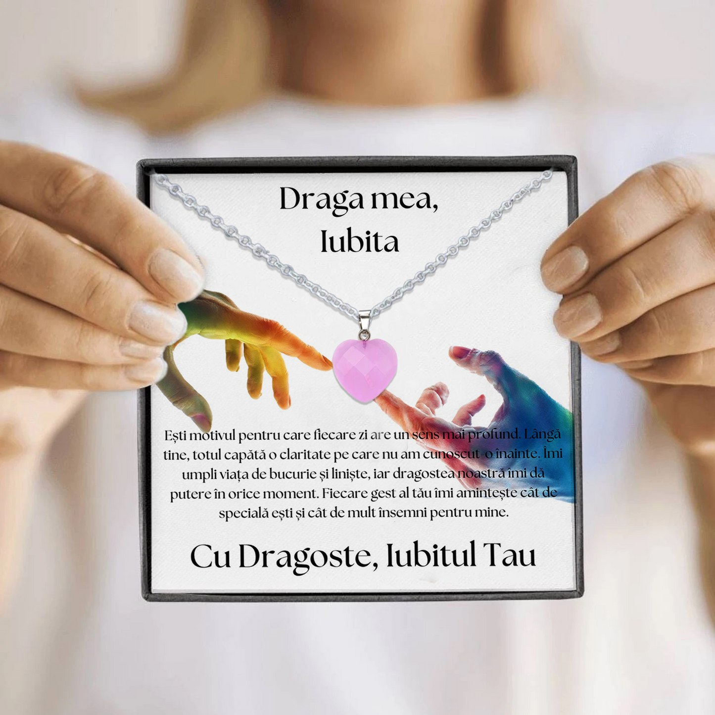 Set Cadou special Colier din otel inoxidabil si pandantiv piatra Quart simbolul iubirii, cutiuta personalizata cu felicitare de iubire de la Iubit pentru Iubita Love