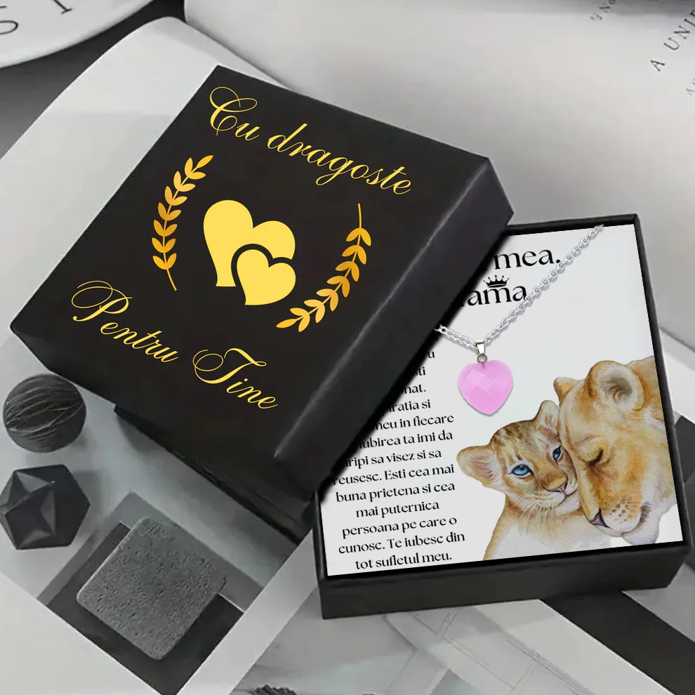 Set Cadou special Colier din otel inoxidabil si pandantiv piatra Quart simbolul iubirii, cutiuta personalizata cu felicitare de iubire de la Fiu/Fiica pentru Mama