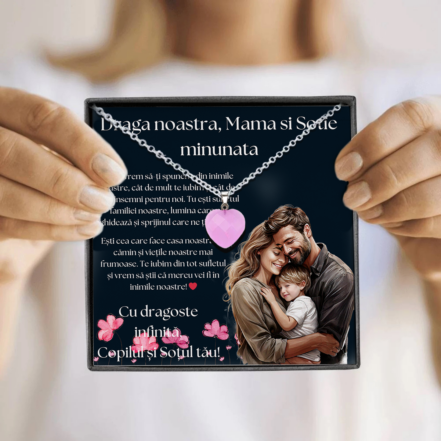 Set Cadou special Colier din otel inoxidabil si pandantiv piatra Quart simbolul iubirii, cutiuta personalizata cu felicitare de iubire de la Fiu/Fiica si Sot pentru Mama/Sotie