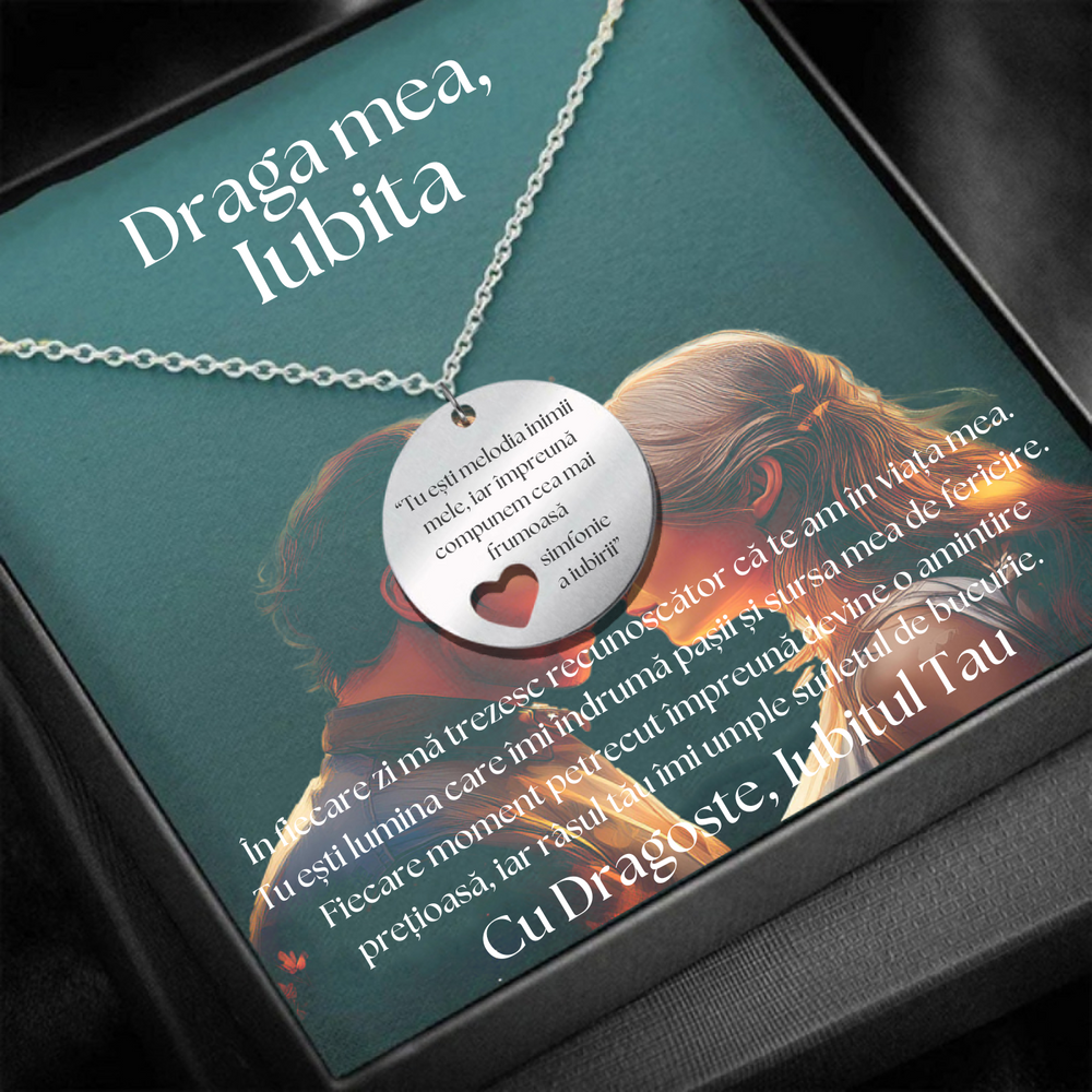 Set Cadou Colier Argint 925, cutiuta personalizata cu felicitare de iubire de la Iubit pentru Iubita "Tu esti melodia inimii mele""