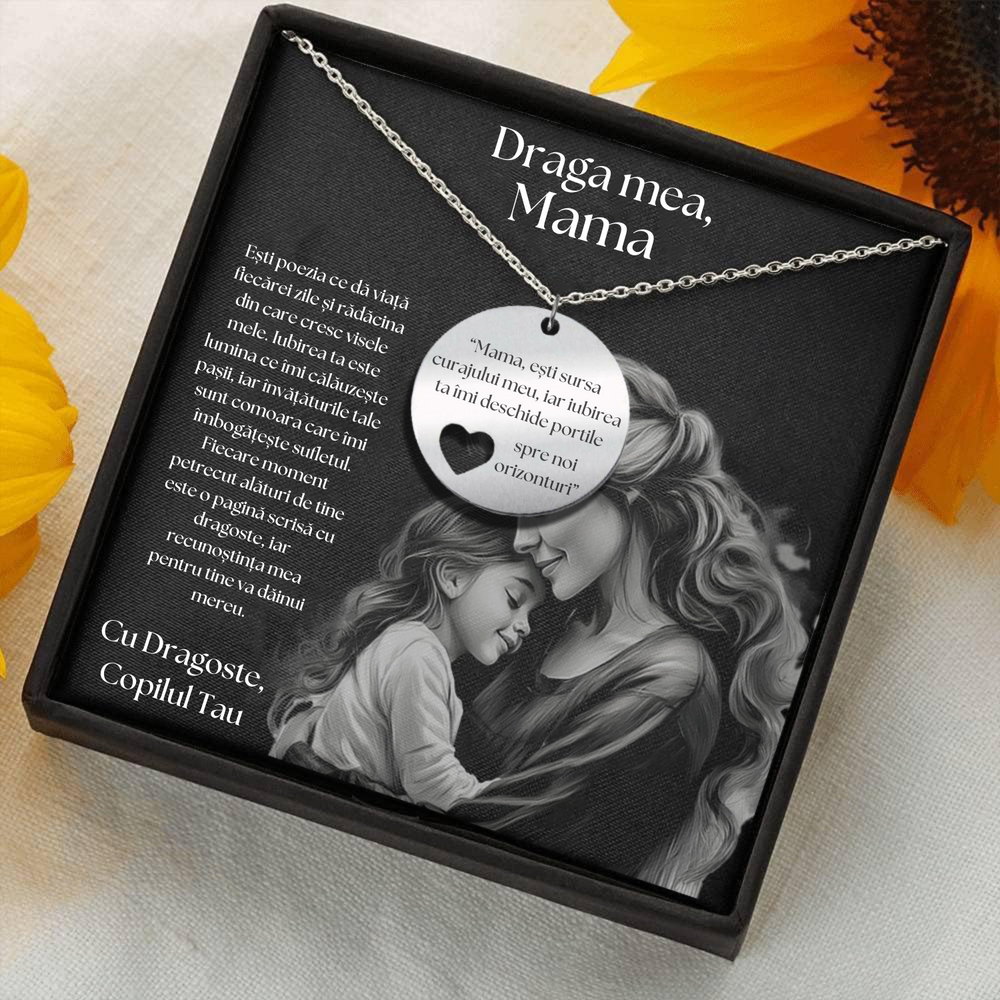 Set Cadou Colier Argint 925, cutiuta personalizata cu felicitare de iubire de la Fiu/Fiica pentru Mama - "Esti sursa curajului meu"