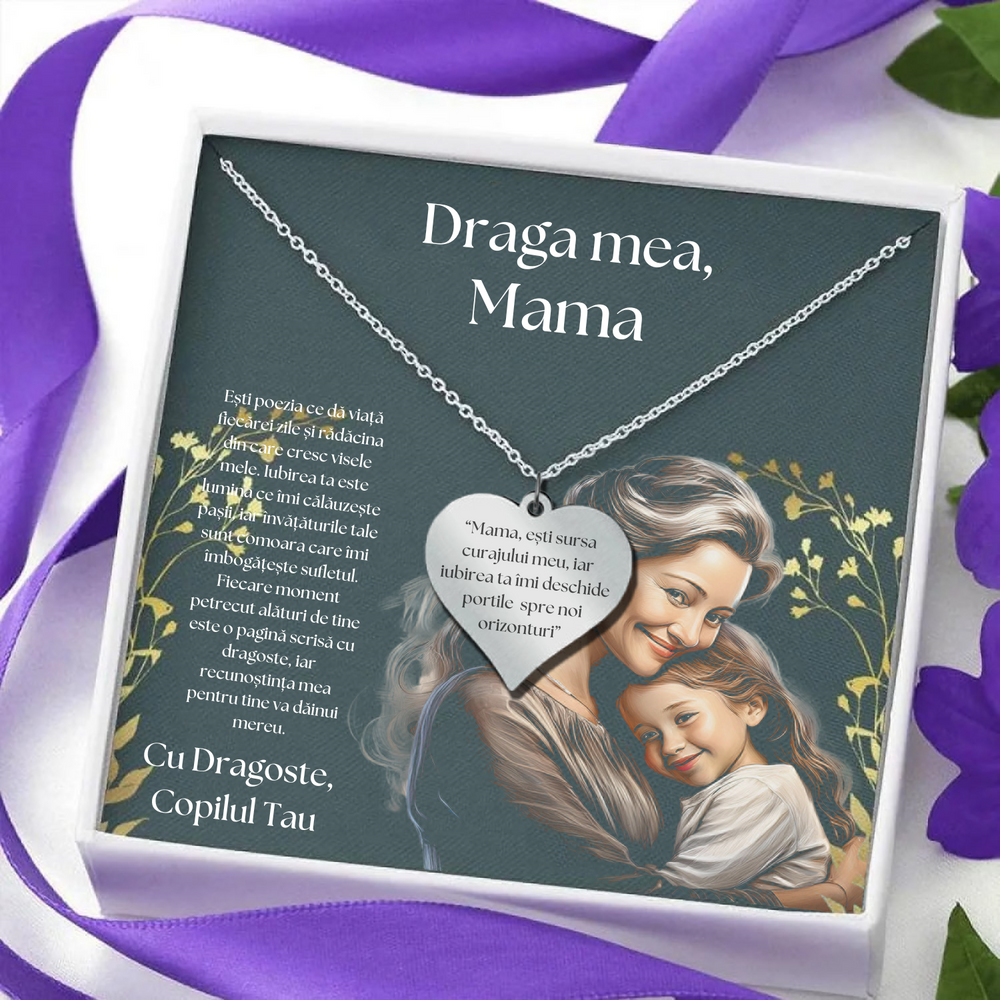 Set Cadou Colier Argint 925, cutiuta personalizata cu felicitare de iubire de la Fiu/Fiica pentru Mama - "Esti sursa curajului meu"