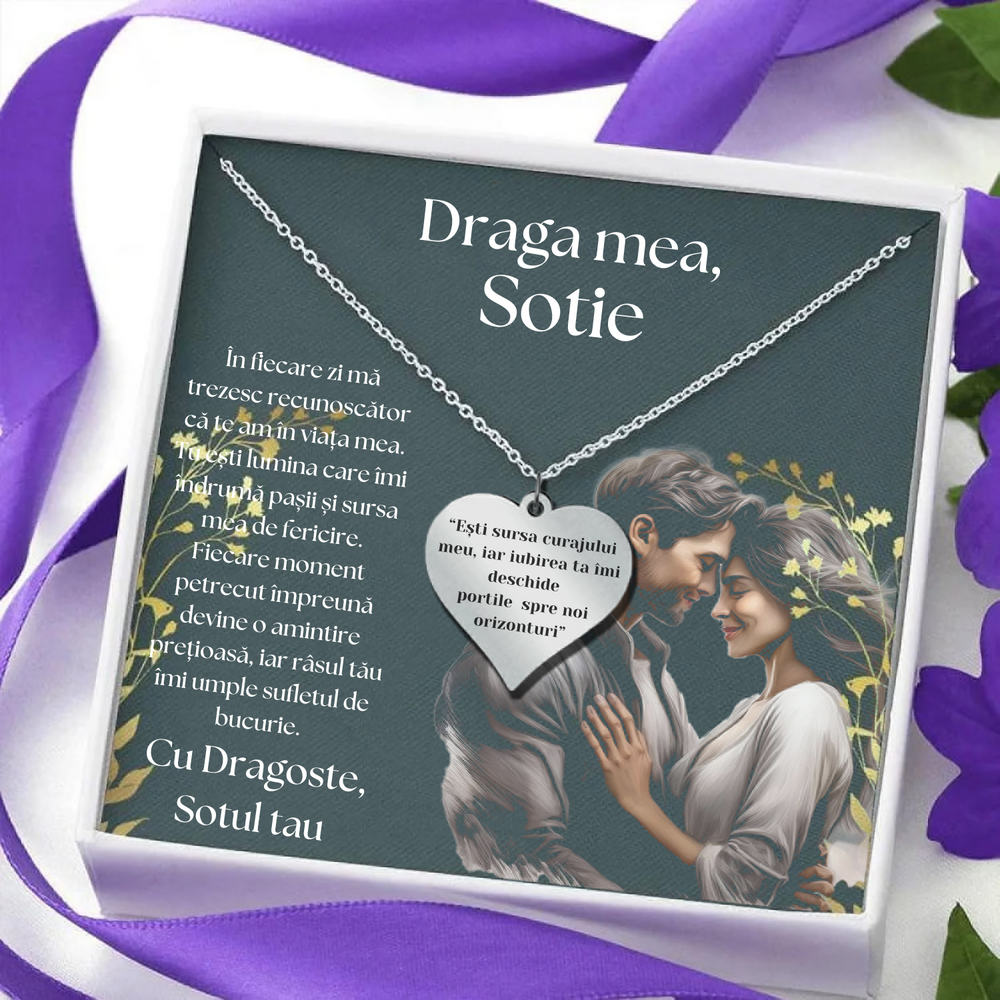 Set Cadou Colier Argint 925, cutiuta personalizata cu felicitare de iubire de la Sot pentru Sotie "Esti sursa curajului meu"