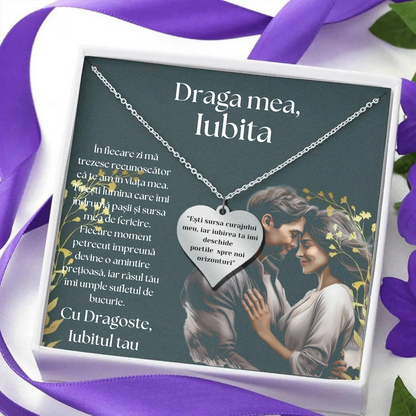 Set Cadou Colier Argint 925, cutiuta personalizata cu felicitare de iubire de la Iubit pentru Iubita "Tu esti sursa curajului meu"
