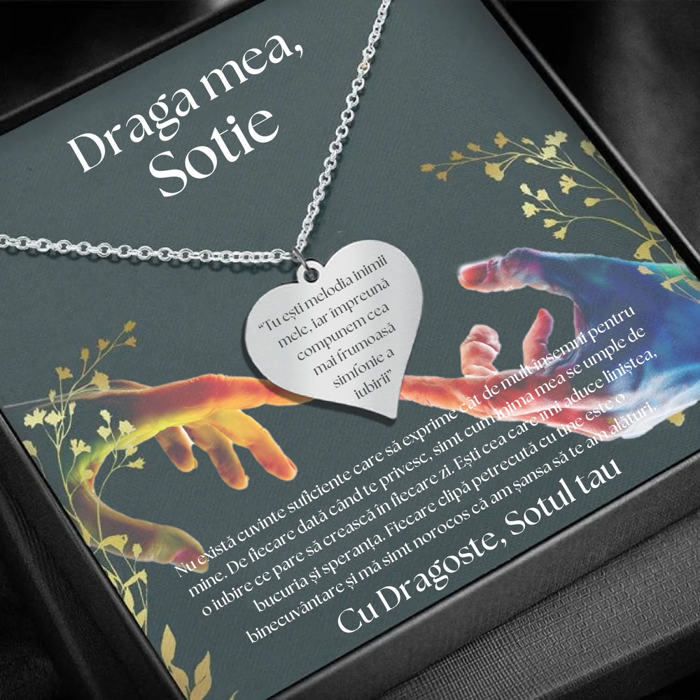 Set Cadou Colier Argint 925, cutiuta personalizata cu felicitare de iubire de la Sot pentru Sotie "Tu esti melodia inimii mele"