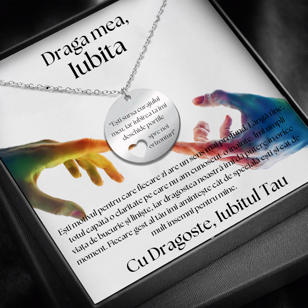 Set Cadou Colier Argint 925, cutiuta personalizata cu felicitare de iubire de la Iubit pentru Iubita "Esti sursa curajului meu"