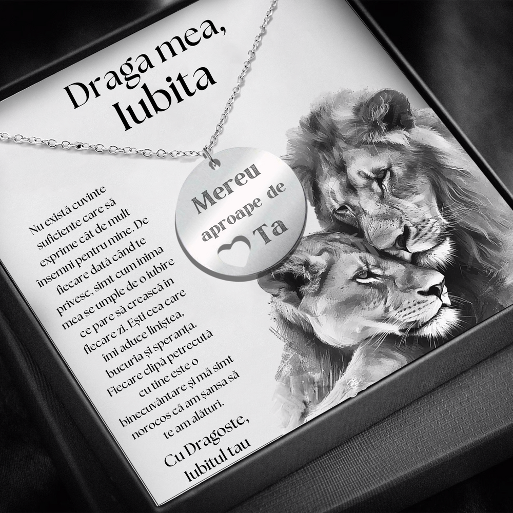 Set Cadou Colier Argint 925, cutiuta personalizata cu felicitare de iubire de la Iubit pentru Iubita "Mereu aproape de inima ta"