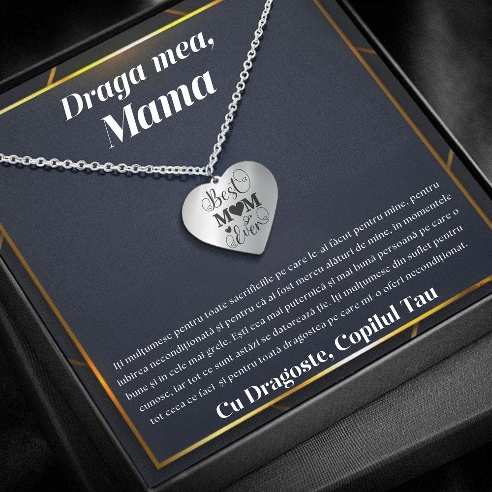 Set Cadou Colier din argint personalizabil cu felicitare si cutie de dragoste de la Copil pentru Mama "Best Mom Ever"