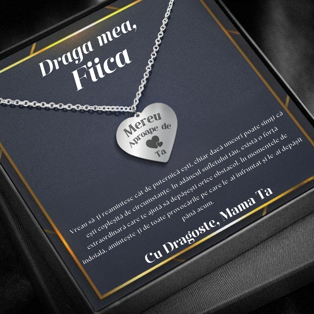 Set Cadou Colier Argint 925, cutiuta personalizata cu felicitare de iubire de la Mama pentru Fiica - "Mereu Aproape de inima Ta"