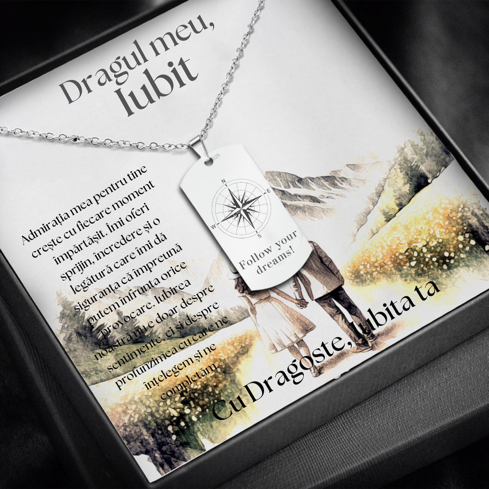 Set Cadou Colier Argint 925, cutiuta personalizata cu felicitare de iubire de la Iubita pentru Iubit - "Follow your dreams"