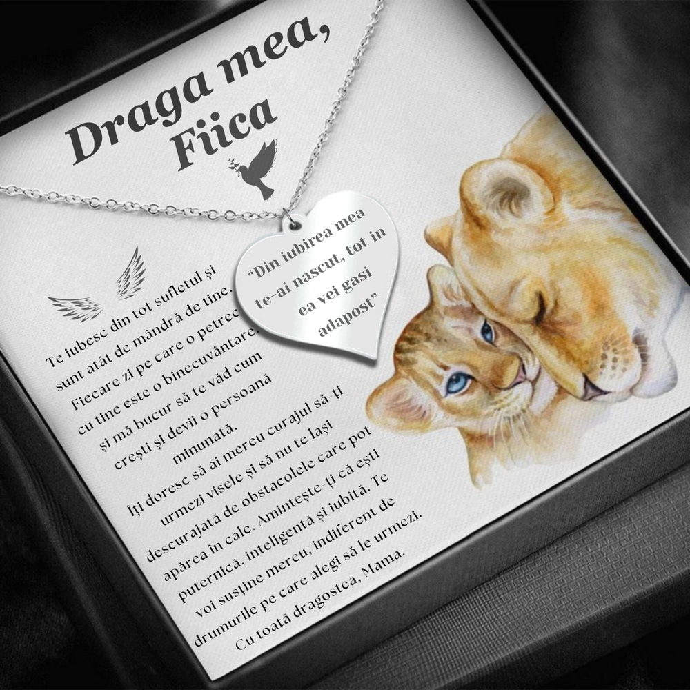 Set Cadou Colier Argint 925, cutiuta personalizata cu felicitare de iubire de la Mama pentru Fiica - "Din iubire te-ai nascut"
