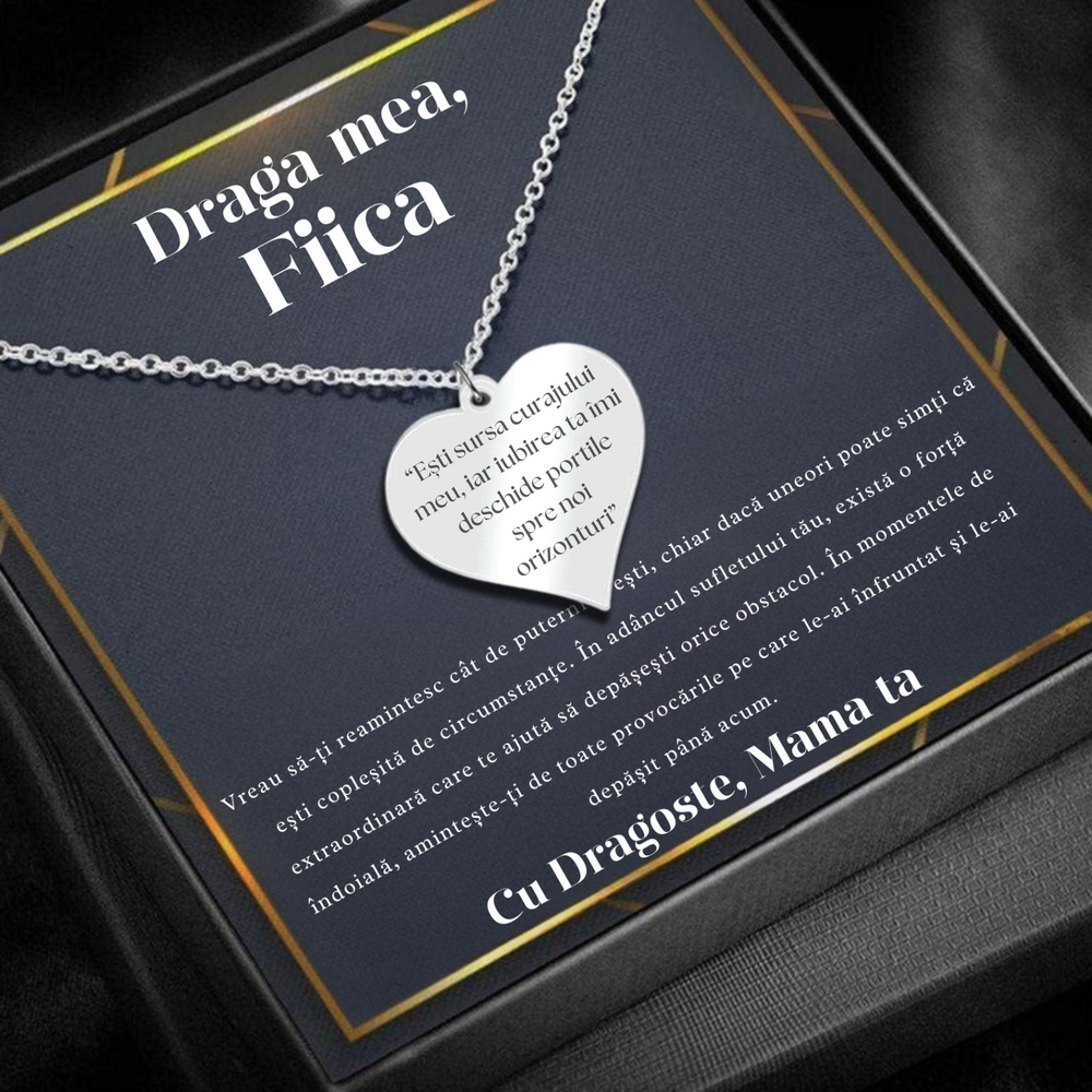Set Cadou Colier din argint personalizabil cu felicitare si cutie de dragoste de la Mama pentru Fiica "Esti sursa curajului meu"
